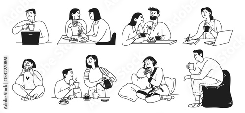 Doodle set men and women drinking coffee in cafe, restaurant, home. Communication of people over a cup of coffee, tea. Hot drink. Vector isolated illustration