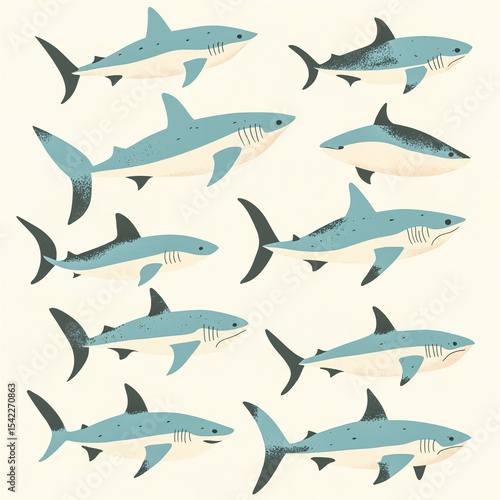 A soft, retro-themed design of small sharks in a low-contrast color scheme, giving off a classic and nostalgic atmosphere