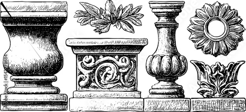 Elegant architectural elements collection featuring baroque balustrade, roman oculus, and byzantine designs