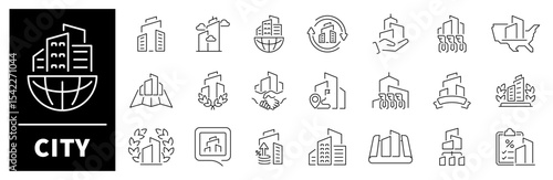 City vector icons collection. Thin line icons related to city and infrastructure. City vector icons in line style