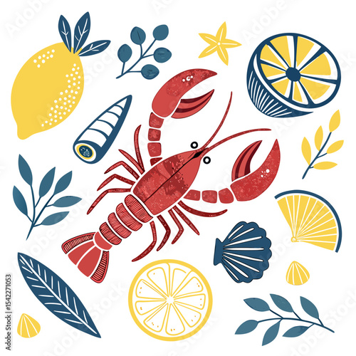 Сollection of cute summer Mediterranean posters, cards templates with lemons, seashells, sardines pattern, lobster and seafood typography design. Trendy summer design for branding, ads, print, decor  