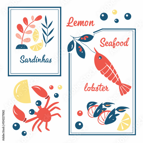 Сollection of cute summer Mediterranean posters, cards templates with lemons, seashells, sardines pattern, lobster and seafood typography design. Trendy summer design for branding, ads, print, decor  