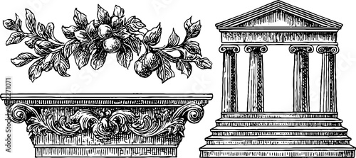Ornate baroque garland and architectural renaissance cloister elements for design and decoration