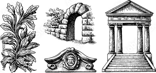 Elegant baroque and renaissance architectural elements with garland swag