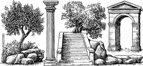 Baroque and renaissance architectural elements with pillar and arch in nature scene