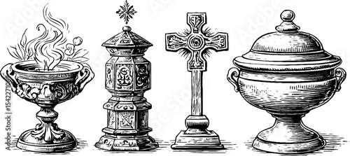 Collection of baroque incense censer and jain prayer wheel artifacts for religious ceremony