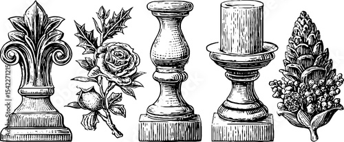 Elegant baroque wall finials and rustic candle sconce elements for classic interior design