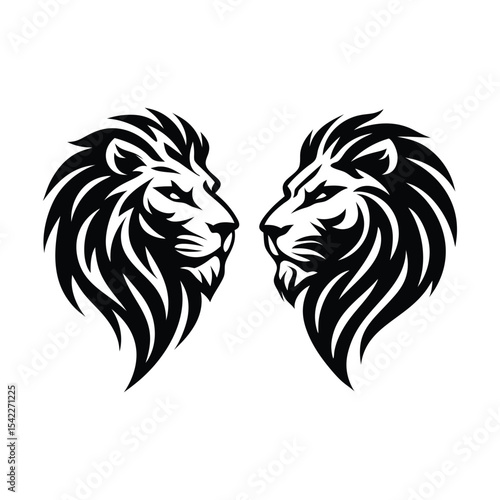 Lion Head Logo Silhouettes, Two lion head designs in bold logo style vector illustration with strong mane and minimal black silhouette artwork