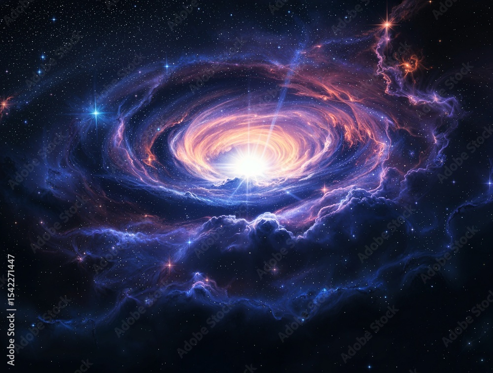 Obraz premium Radiation beam illuminates swirling nebula with vibrant gas clouds and intense glow