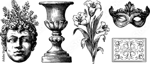 Vintage elements: bohemian glass lamp, swiss alpine wood, classical bust, floral motif, ornate mask, decorative detail