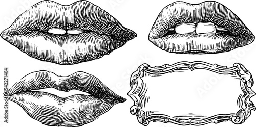 Vintage illustration of bold lip expressions and decorative frame design for creative projects