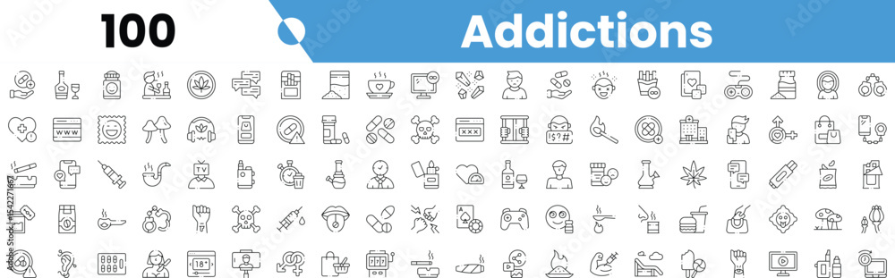 Set of 100 outline addictions icons. Vector illustration Set of 100 outline addictions icons. Vector illustration