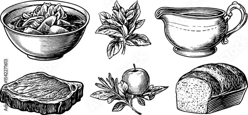 Rustic culinary elements: braised red cabbage bowl, roasted root vegetables, and accompaniments