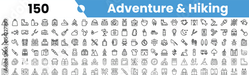 Set of 150 outline adventure and hiking icons. Vector illustration