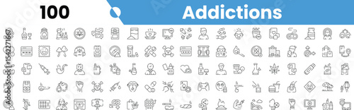 Set of 100 outline addictions icons. Vector illustration