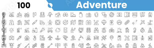 Set of 100 outline adventure icons. Vector illustration