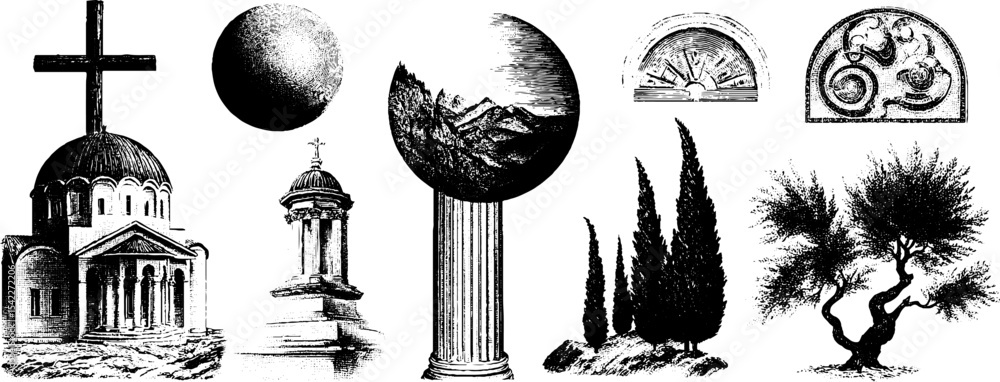Naklejka premium Byzantine architecture elements with dome, cross, columns, and nature scenes