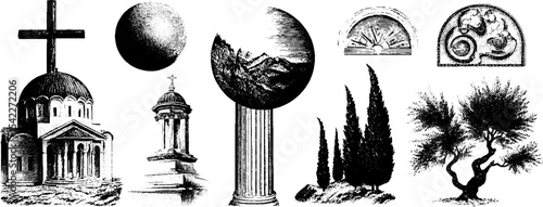 Byzantine architecture elements with dome, cross, columns, and nature scenes