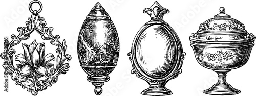 Antique jewelry and decor collection featuring byzantine enameled pendants and victorian motifs