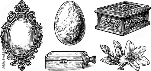Antique collection: byzantine pendant, victorian mirror, enameled egg, carved boxes, and floral ornament design