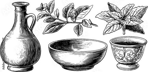 Byzantine fig wine jug and victorian lemonade bowl with botanical illustrations for historical design
