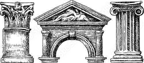Byzantine icon frame and roman triumph gate architectural sketch set for historical design