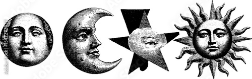 Vintage celestial illustrations of moon, star, and sun with faces for design projects