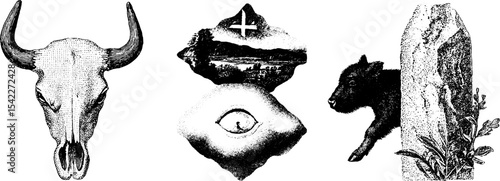 Ancient cave rock art with bone tool illustrations for archaeology and history design