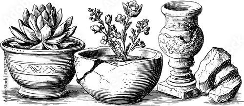 Rustic ceramic and copper embossed planters with succulents and floral arrangement