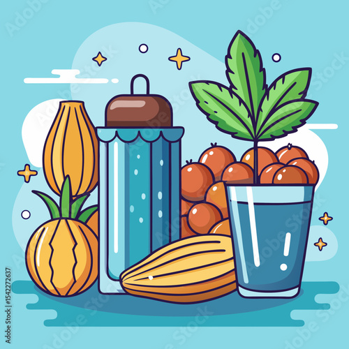 Cheerful Still Life of Tropical Fruits, Plant and Beverage Bottle Illustration