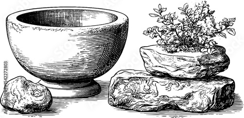 Chiseled stone basin and carved pillar with natural plant arrangement