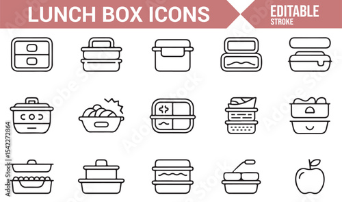 Icons Representing Bento Boxes, Lunch Containers, and Meal Prep in Simple Line Art