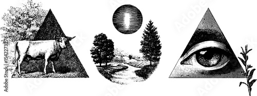 Constructivist art with triangles eye landscape and bull imagery for creative design