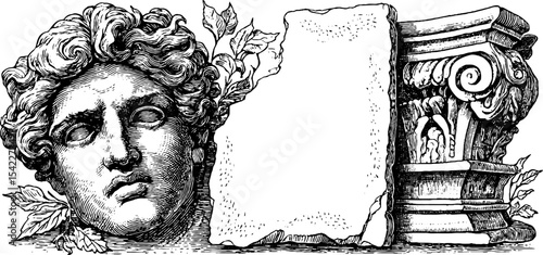 Ancient greek artifacts with cracked inscription and decorative pillar design