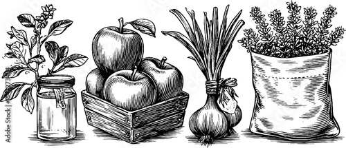 Autumn harvest essentials with apples, honey, onions, and herbs for seasonal cooking and decor