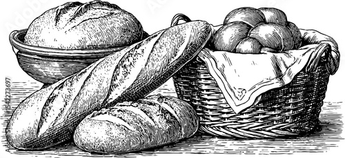 Rustic bread and baguette selection in vintage kitchen setting for culinary design