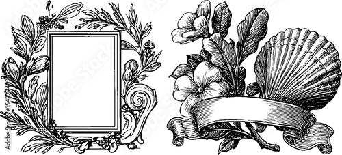 Decorative neoclassical cartouche with floral designs for elegant print or poster