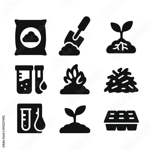 Garden Tools Icons. Solid style icons of soil and planting: soil bag, trowel scoop, root system, seedling sprout, soil test kit,