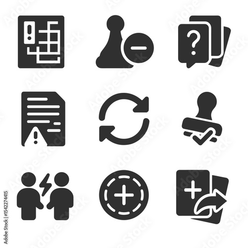 Board Game Fix Icons. Solid style icons of board game errors and fixes: misprint icon, missing token, rule FAQ, errata document,