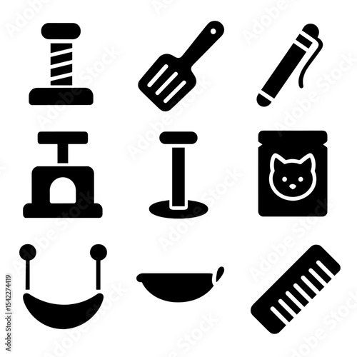 Cat Care Essentials. Solid style icons of cat care: scratching post, litter scoop, cat toy, laser pointer, cat tree, climbing