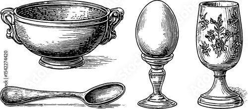 Elegant vintage tableware collection featuring double handled soup cup and etched crystal