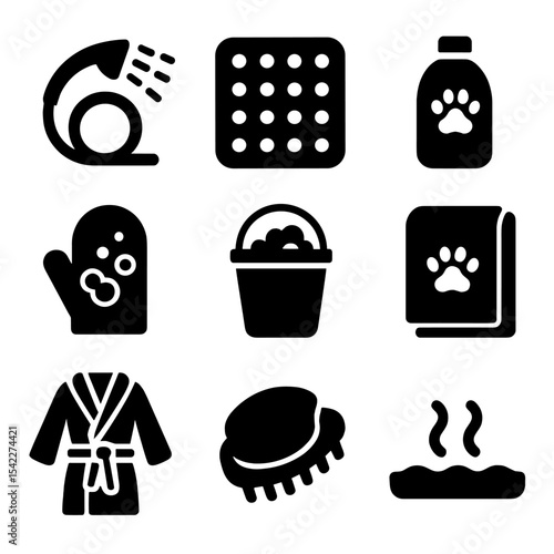 Pet Bathing Tools Icons. Solid style icons of pet bathing tools: sprayer hose, anti-slip mat, shampoo bottle, lather mitt, rinse