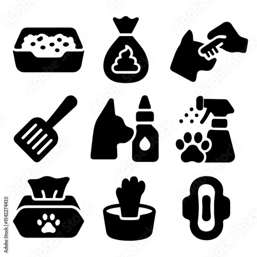 Pet Hygiene Icons. Solid style icons of pet hygiene: litter box, poop bag, waste scoop, tooth brushing, ear cleaner, pet wipes,