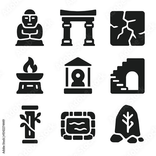 Ancient Temple Icons. Solid style icons of ancient temples: stone statue, temple gate, cracked wall, altar, artifact display,