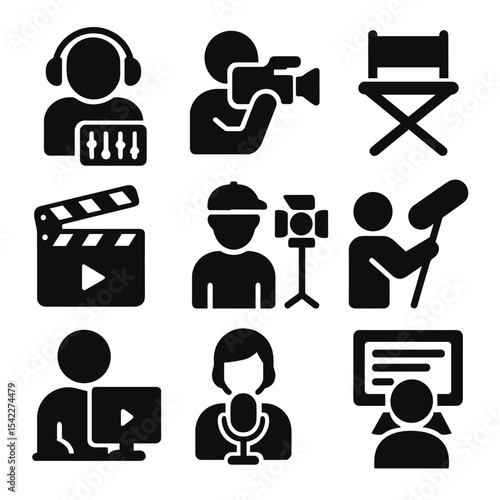 AV Production Team Icons. Solid style icons of AV production team: sound engineer, camera operator, director chair, clapperboard,