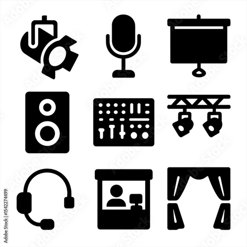 Theater AV Icons. Solid style icons of theater AV: stage spotlight, stage microphone, projector screen, stage speaker, control