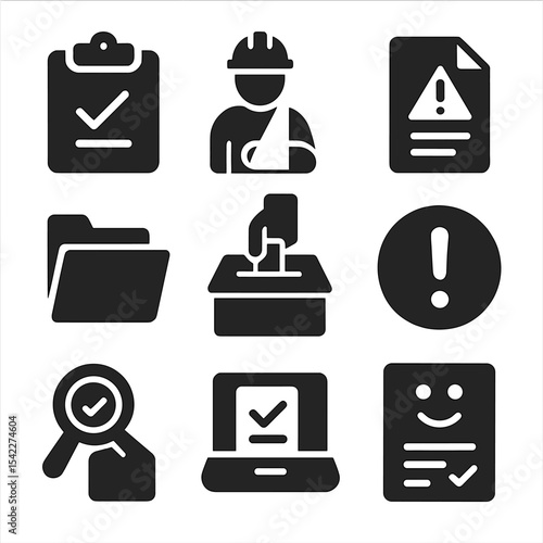Incident Reporting Icons. Solid style icons of incident reporting: report form icon, injured worker symbol, hazard submission,