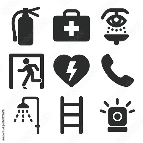 Emergency Tools Icons. Solid style icons of emergency response tools: fire extinguisher, first aid kit, eye wash station,