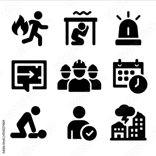Safety Drill Icons. Solid style icons of safety drills and practice: fire drill, earthquake drill, emergency code icon, evacuation