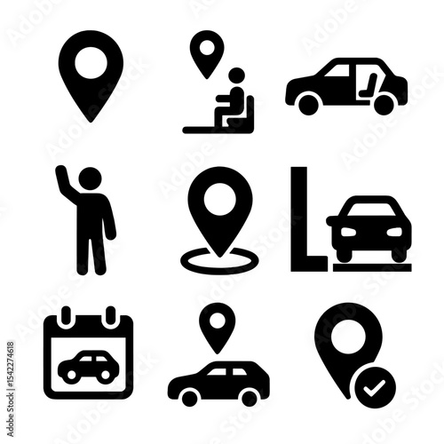 Ride Service Icons. Solid style icons of pickup and drop-off: map pin icon, waiting zone, open car door, waving passenger, exact
